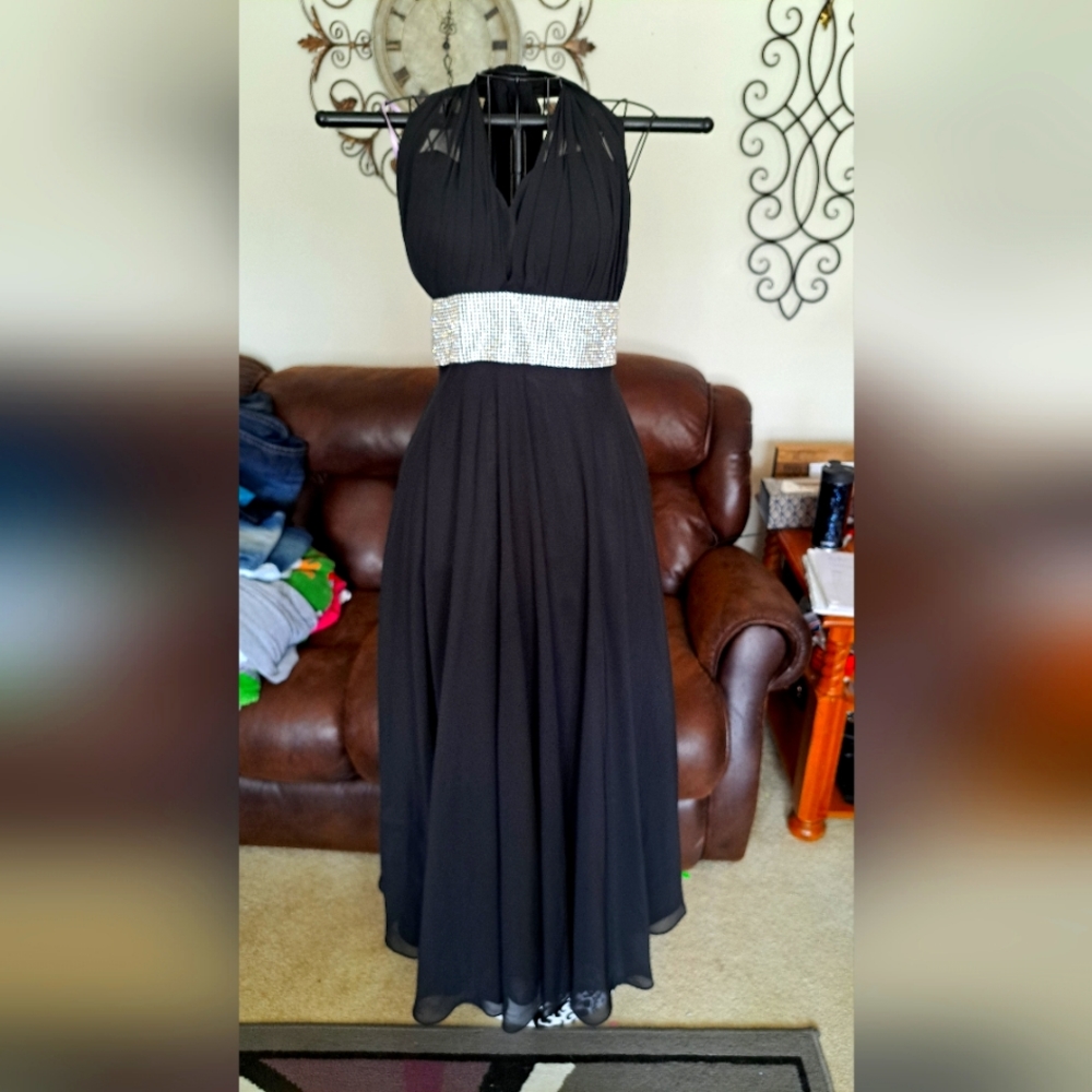JJs House Formal Gown, Black, halter, wide belt of crystals